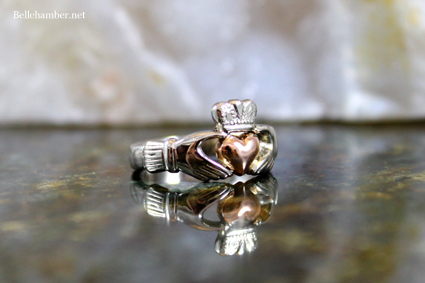 Gold Claddagh in White and Rose Heart