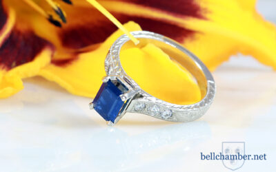 Classic Engraved Engagement Ring with Sapphire