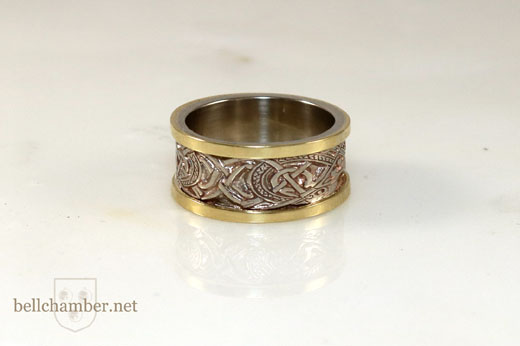 Griffin and Dragon Ring with raised yellow gold on white gold ring.